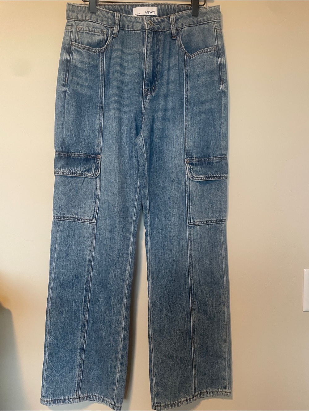 VERVET by Flying Monkey Light Wash Straight Leg Cargo Jeans